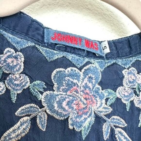 Johnny Was Sheer Embroidered Blouse Navy Floral Size S Bohemian Chic - Picture 2 of 6
